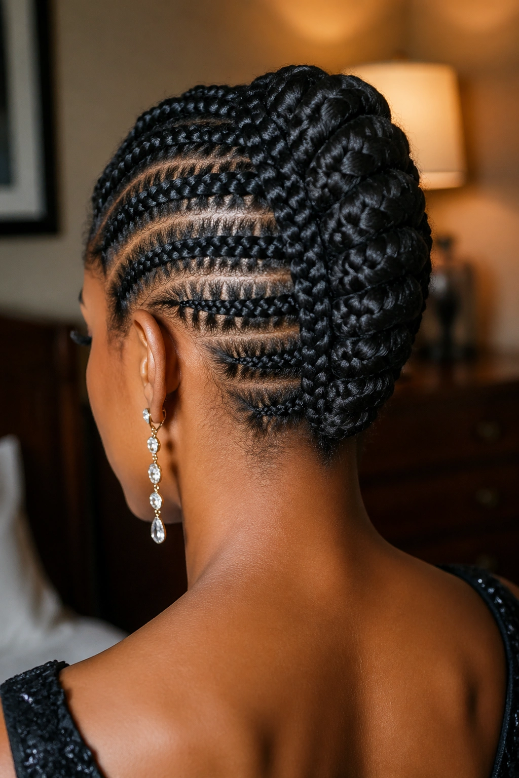 Rear view of natural cornrows ending in a French roll at the nape