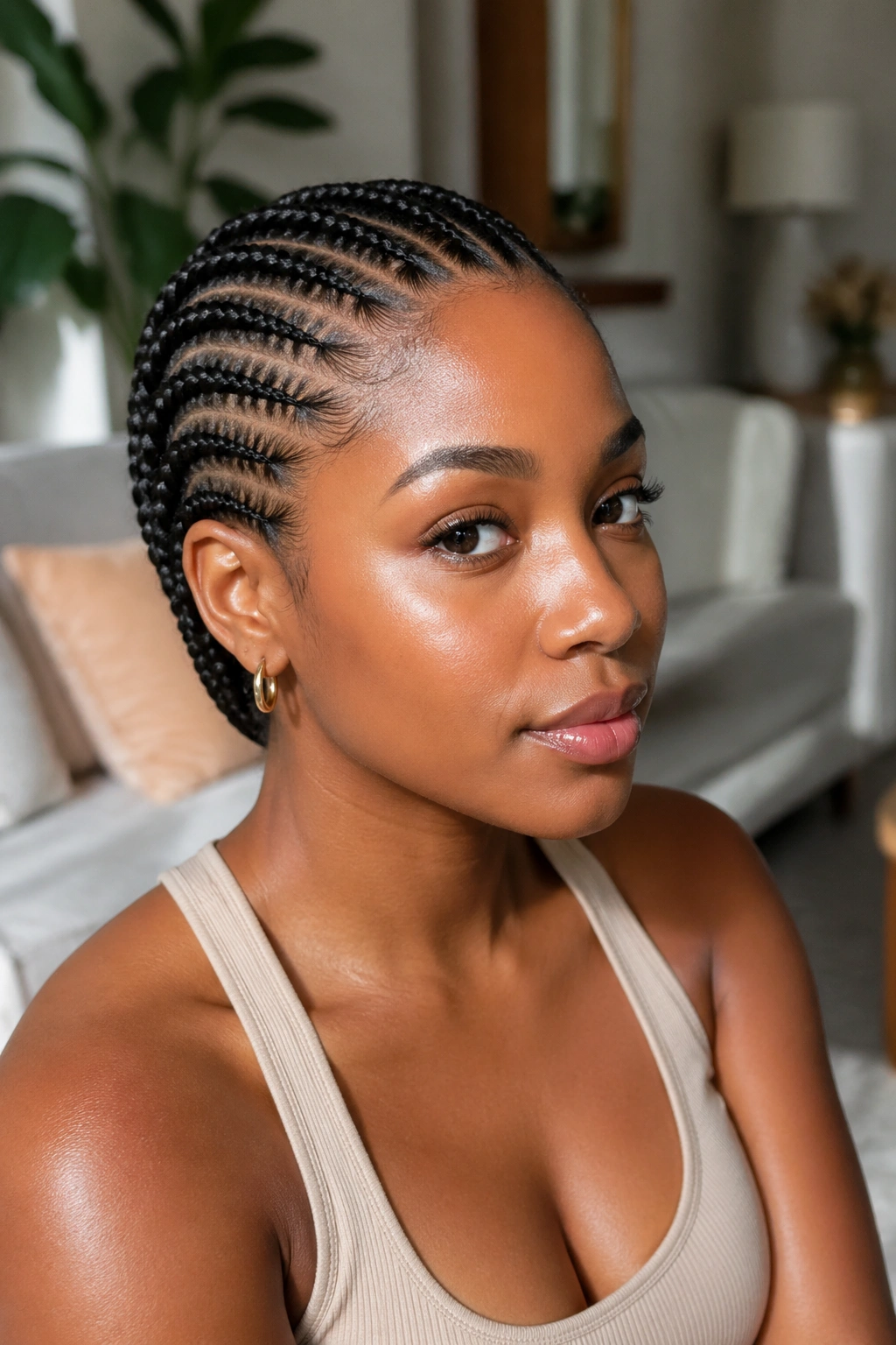 Portrait of a person with straight-back cornrows