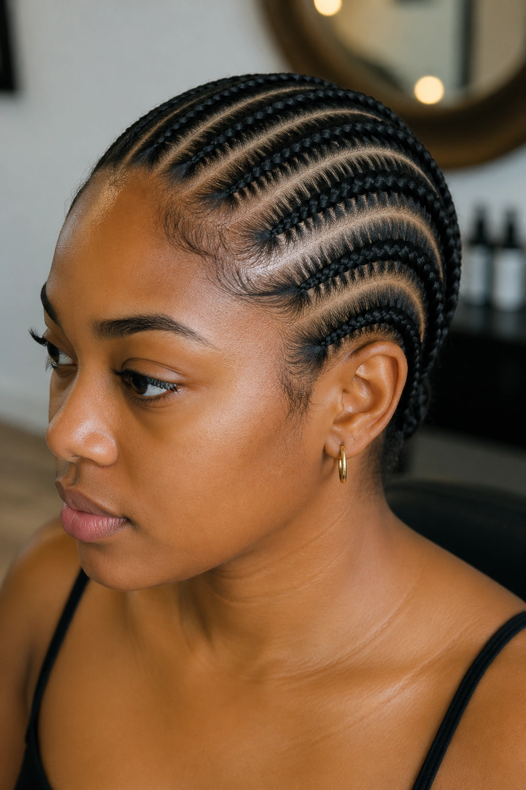 Real person with six to eight cornrows running straight back