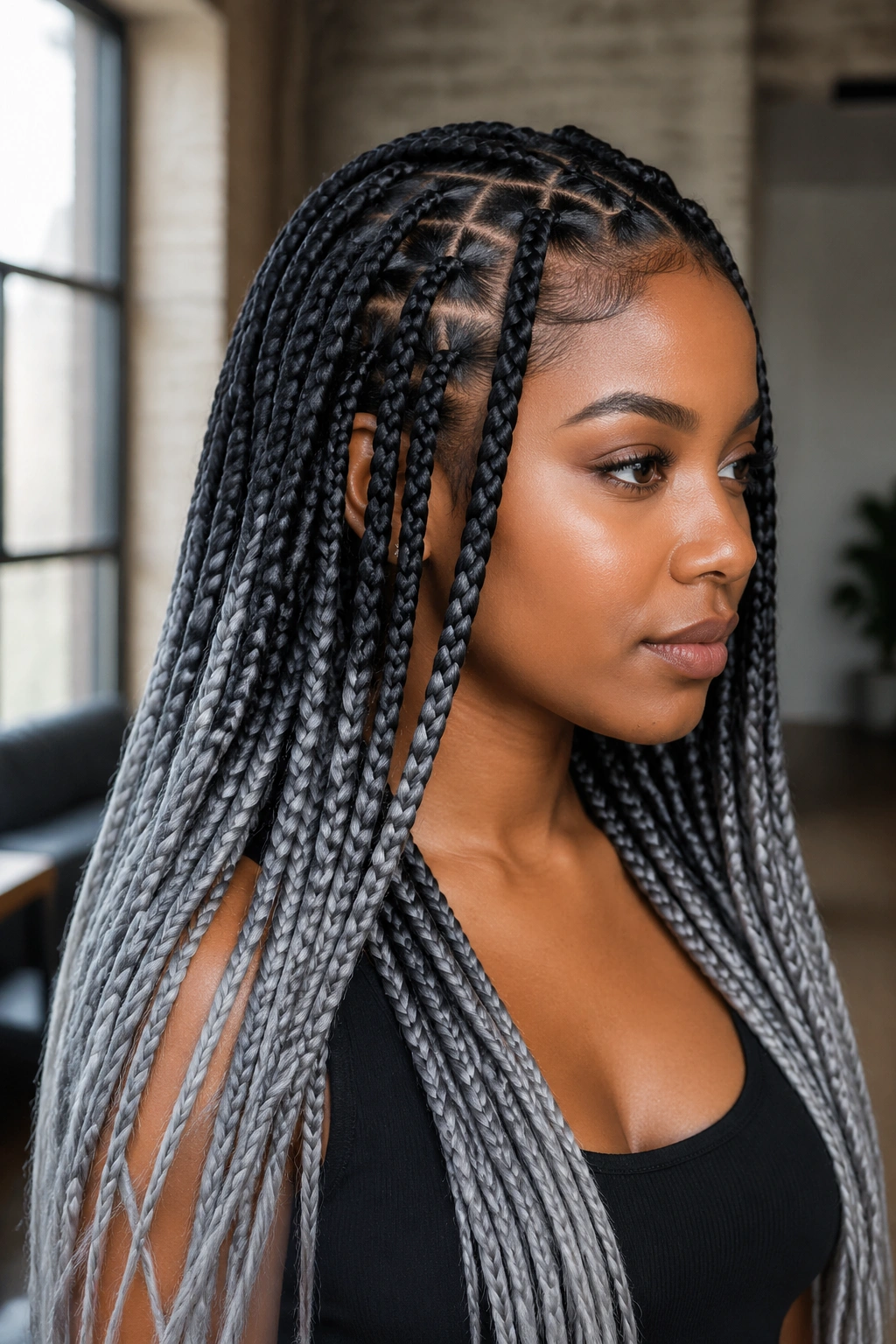 Close-up of jet black to silver gray ombre cornrows on a real person with high-contrast color