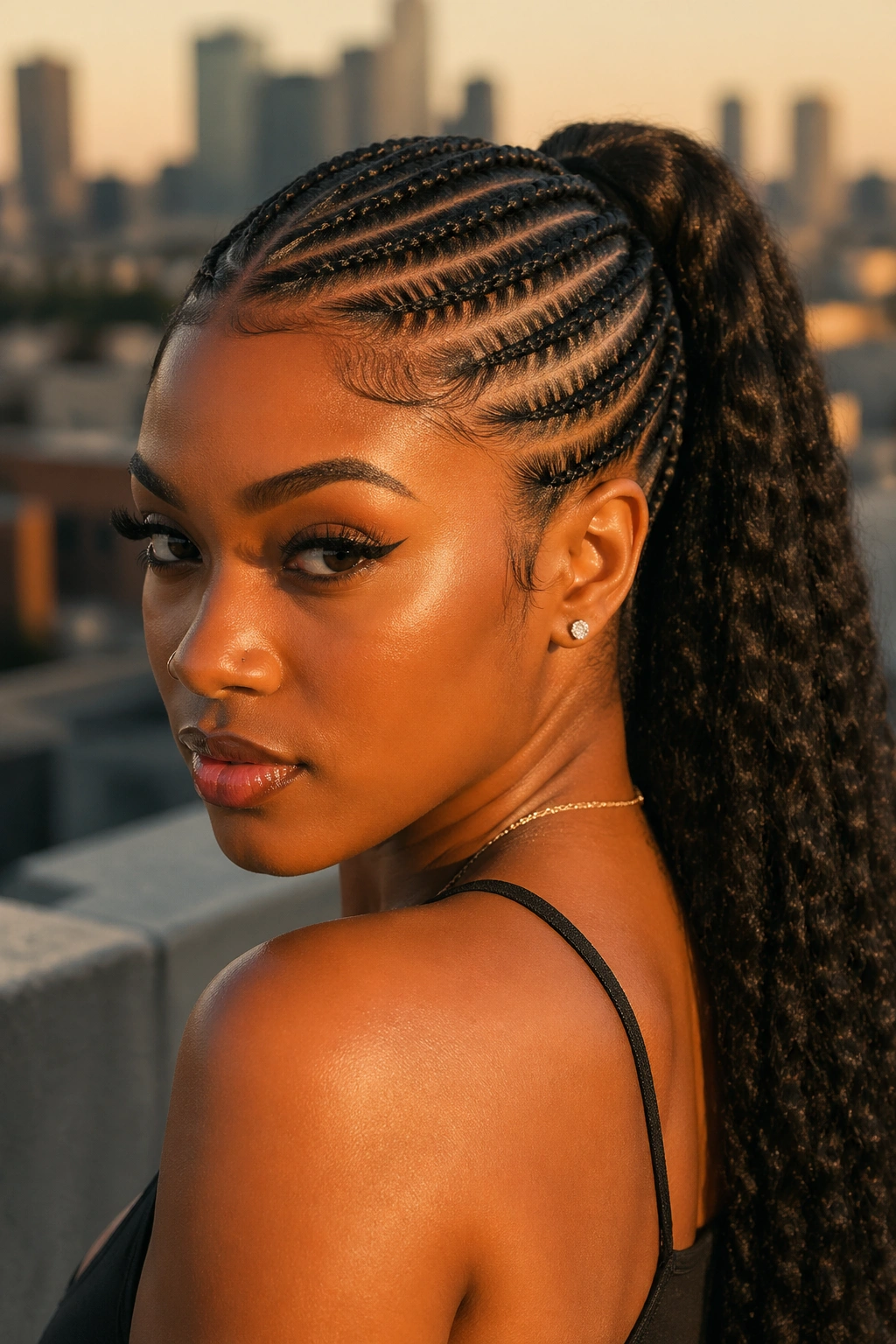 Close-up of a real woman with a cornrow ponytail at the nape under golden-hour light