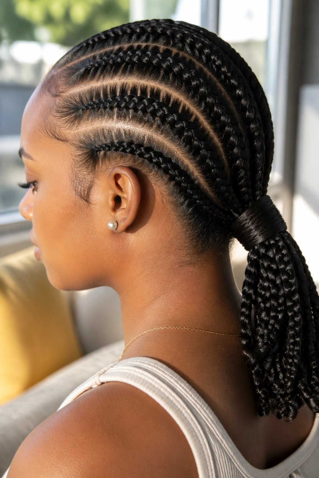 Close-up of cornrows into a ponytail with a wrapped base on a real person