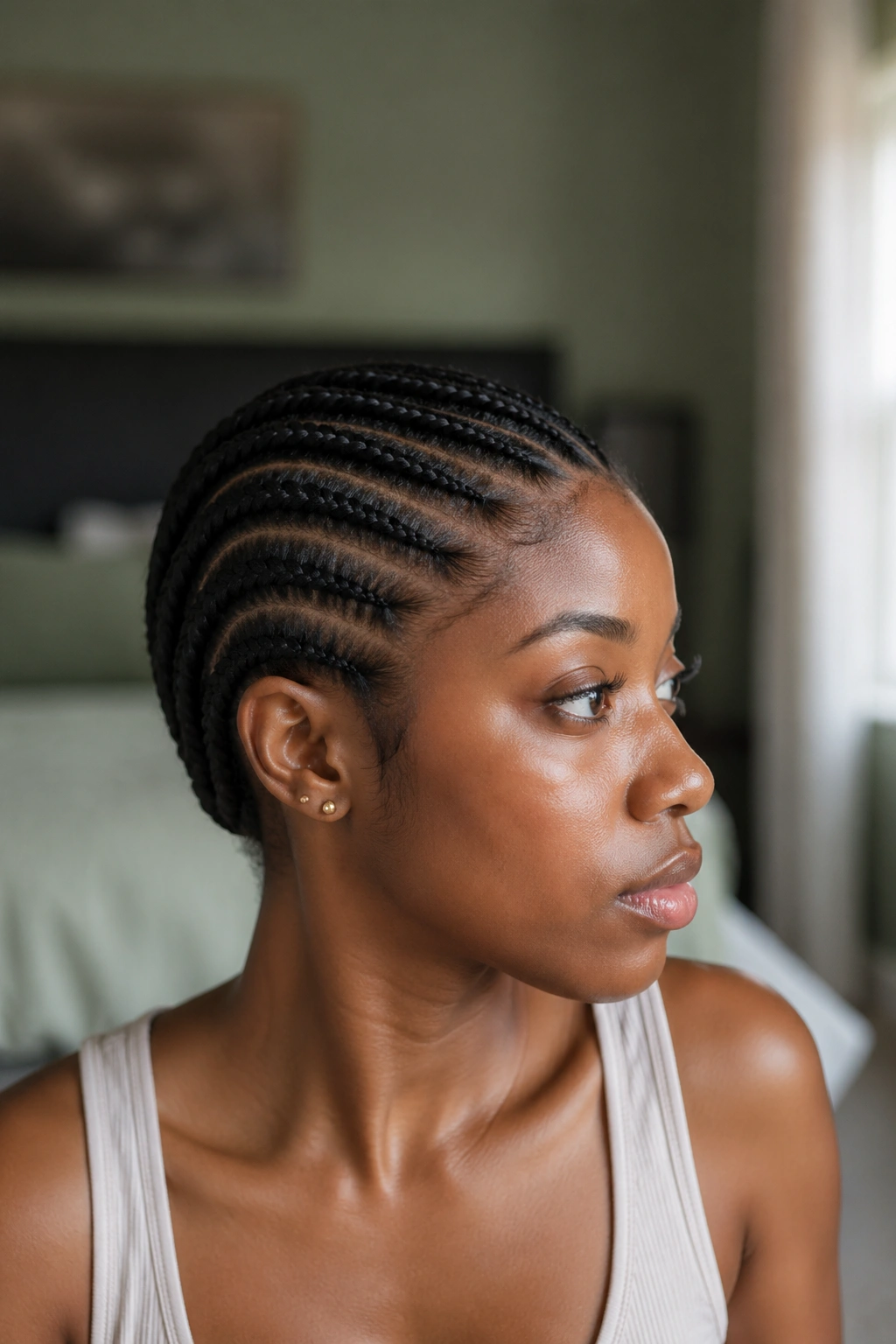 Close-up of a person with cornrows showing protective styling for natural hair