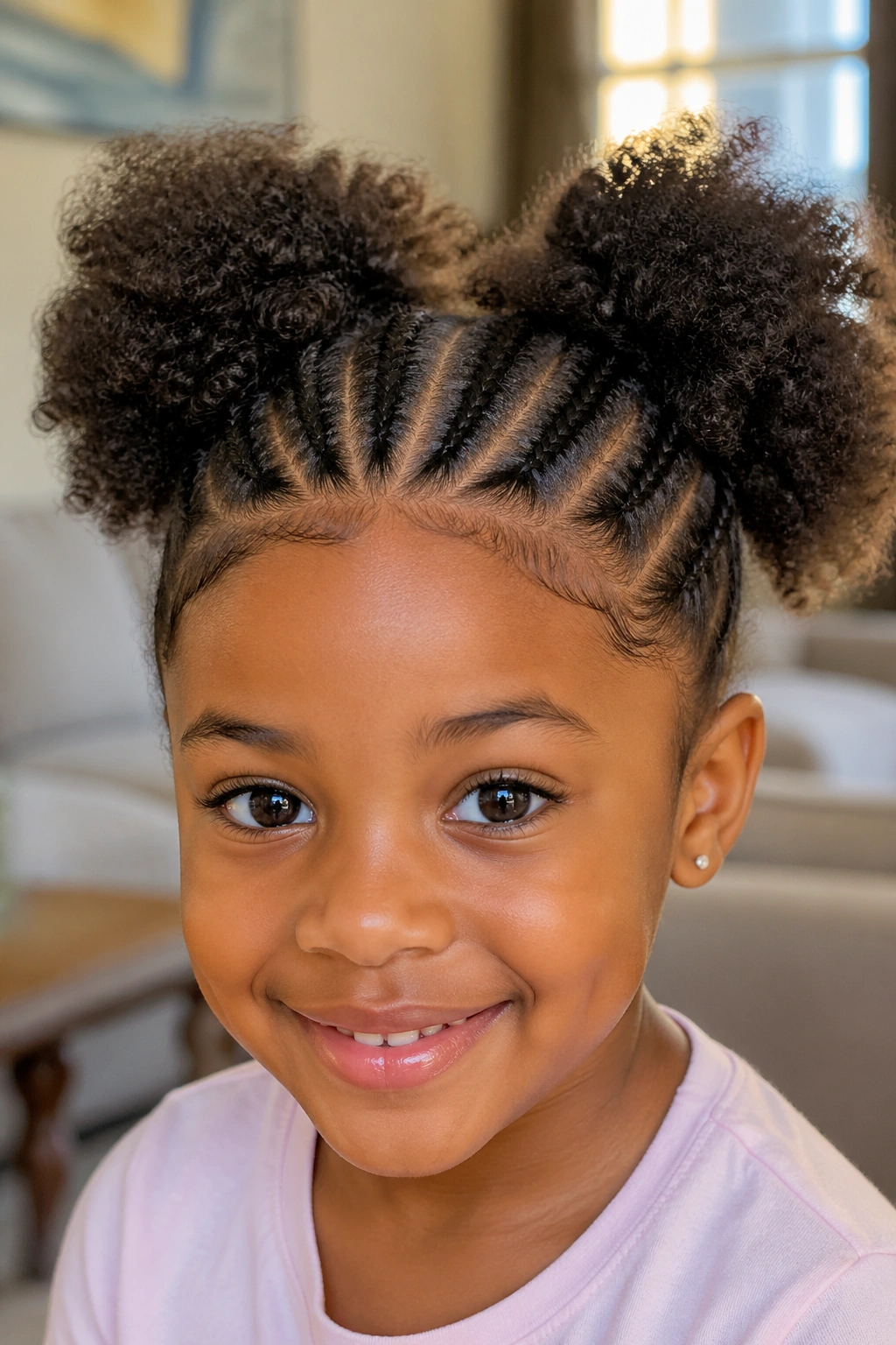 Child with cornrows leading to two soft puffs.