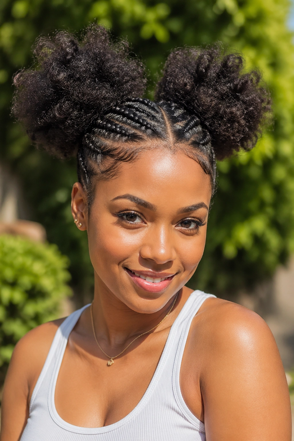 Close-up of a person with front cornrows leading to two afro puffs on top.