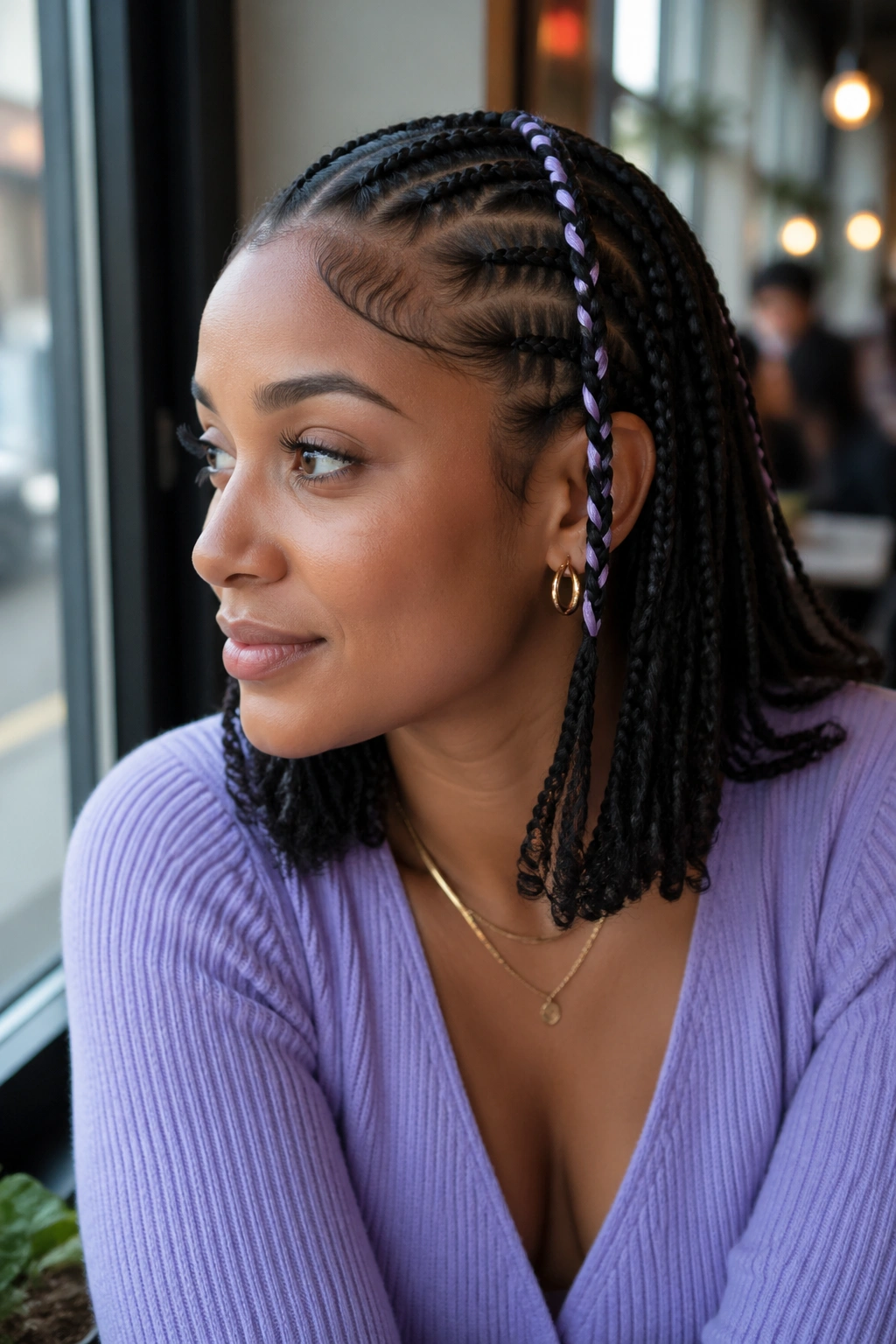 Close-up of cornrows with decorative ribbon woven into braids on a real woman