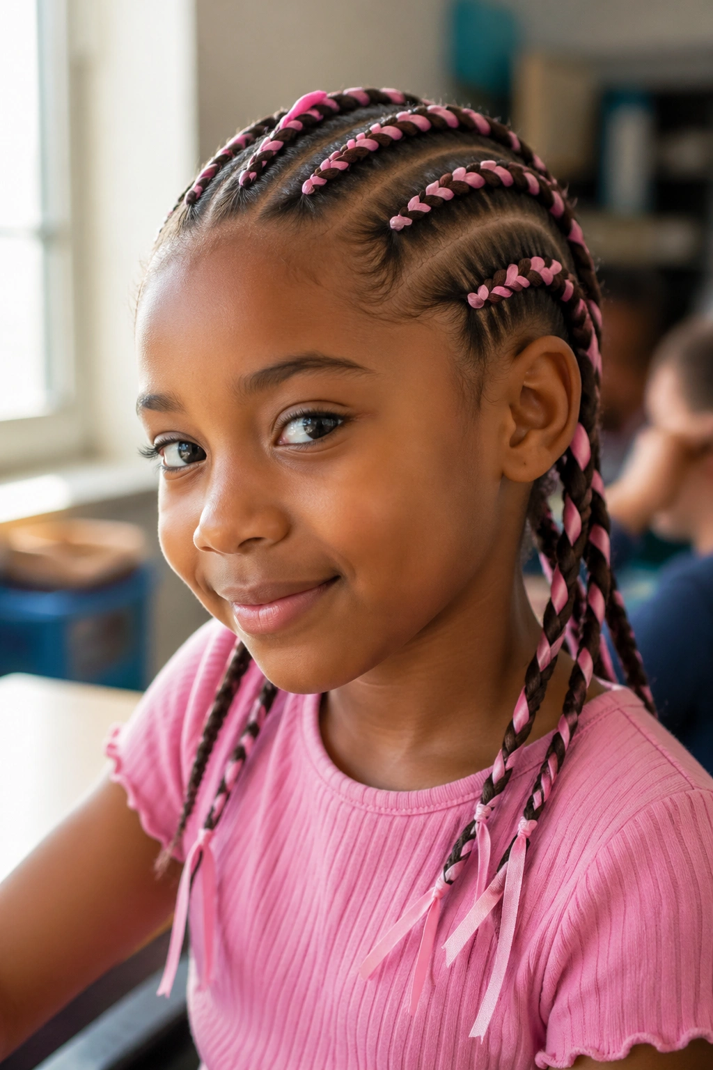 Close-up of a child with ribbon-woven cornrows in a classroom setting.