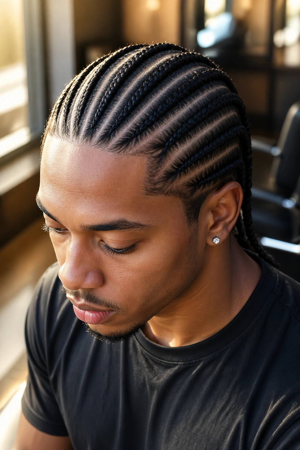 Close-up of a real person with twelve straight-back cornrows visible on the scalp in a warm salon light.