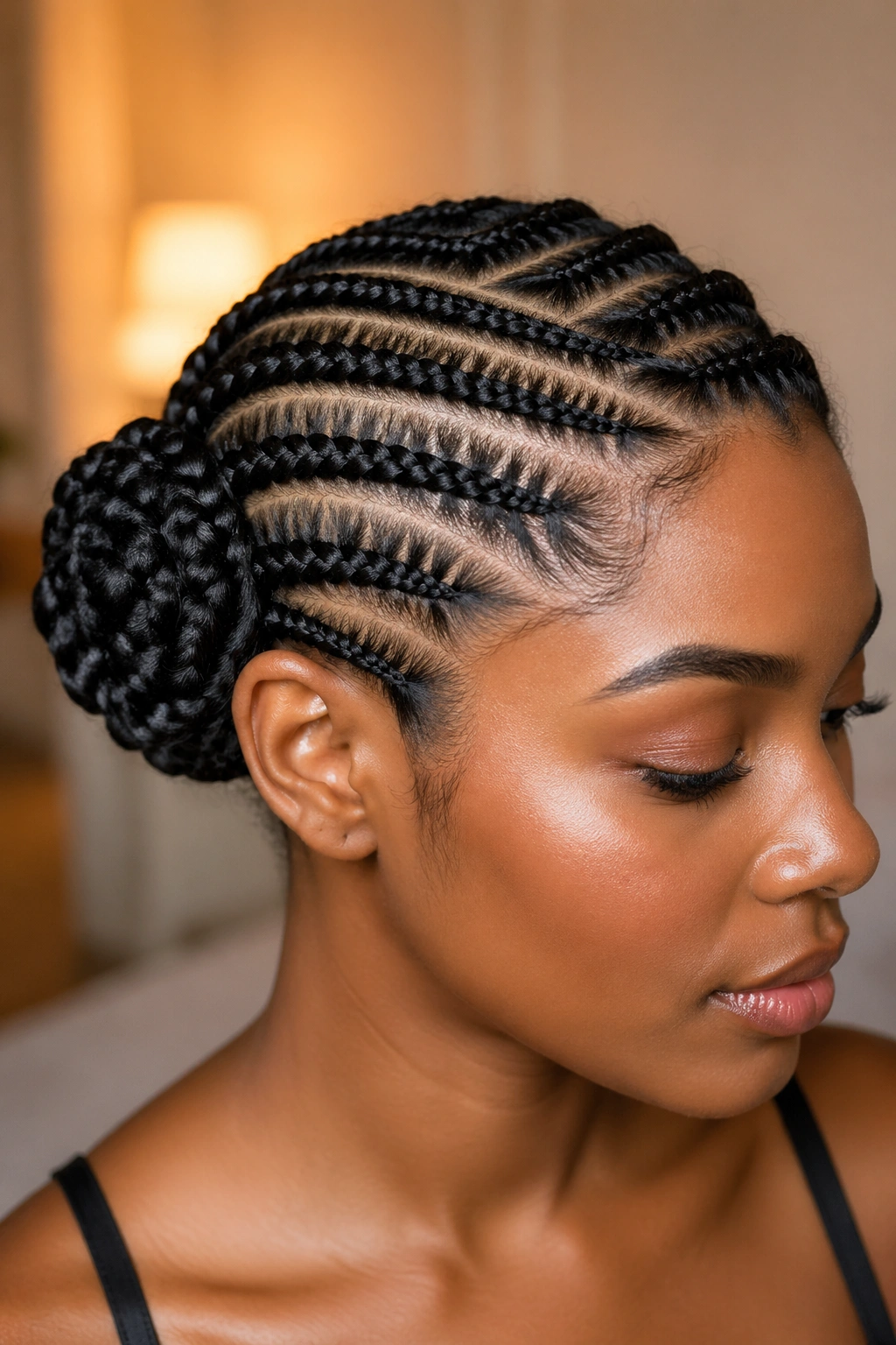 Close-up of cornrows flowing into a side bun