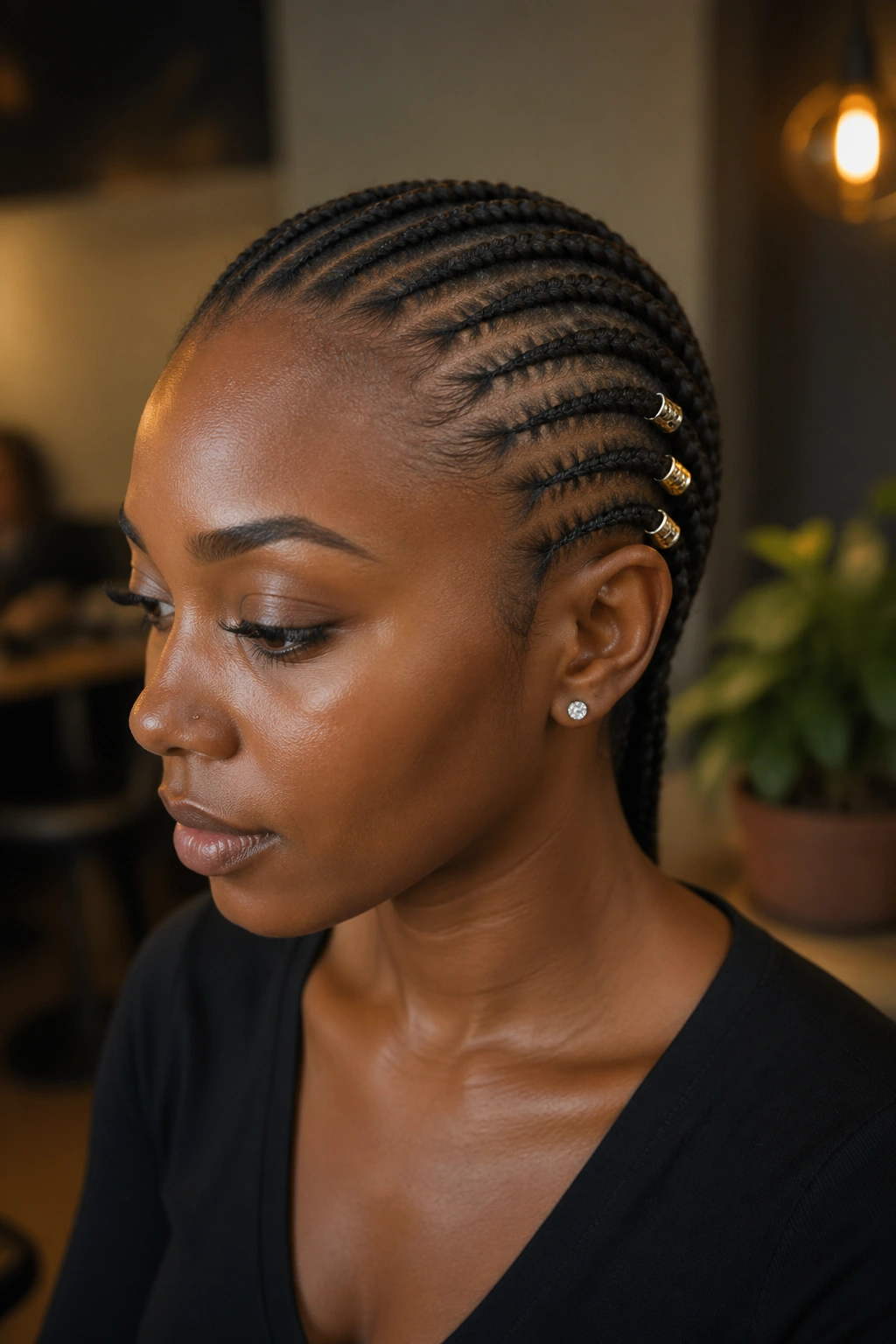 Close-up of back-of-head with cornrows and metal side cuffs.