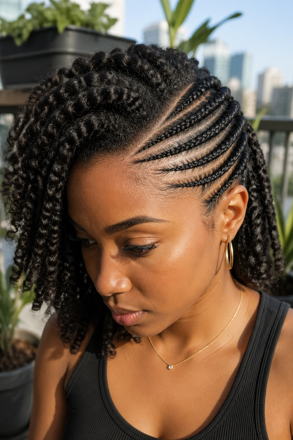 Close-up of a real woman's side-parted angled cornrows in natural light