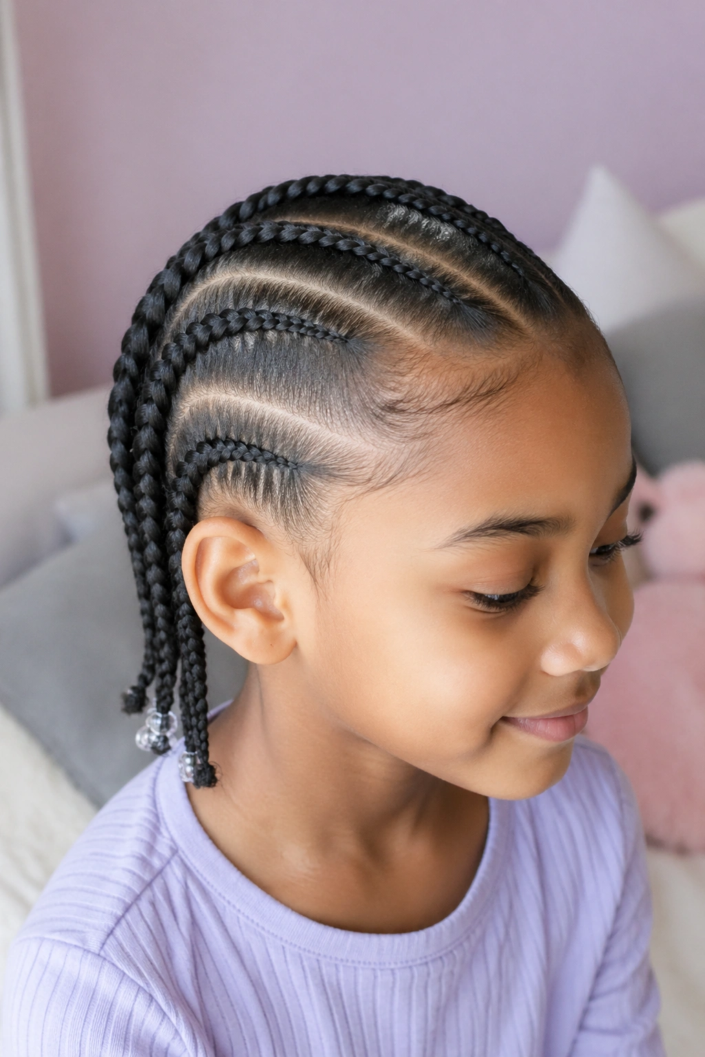 Child with a side-parted five-cornrow hairstyle.