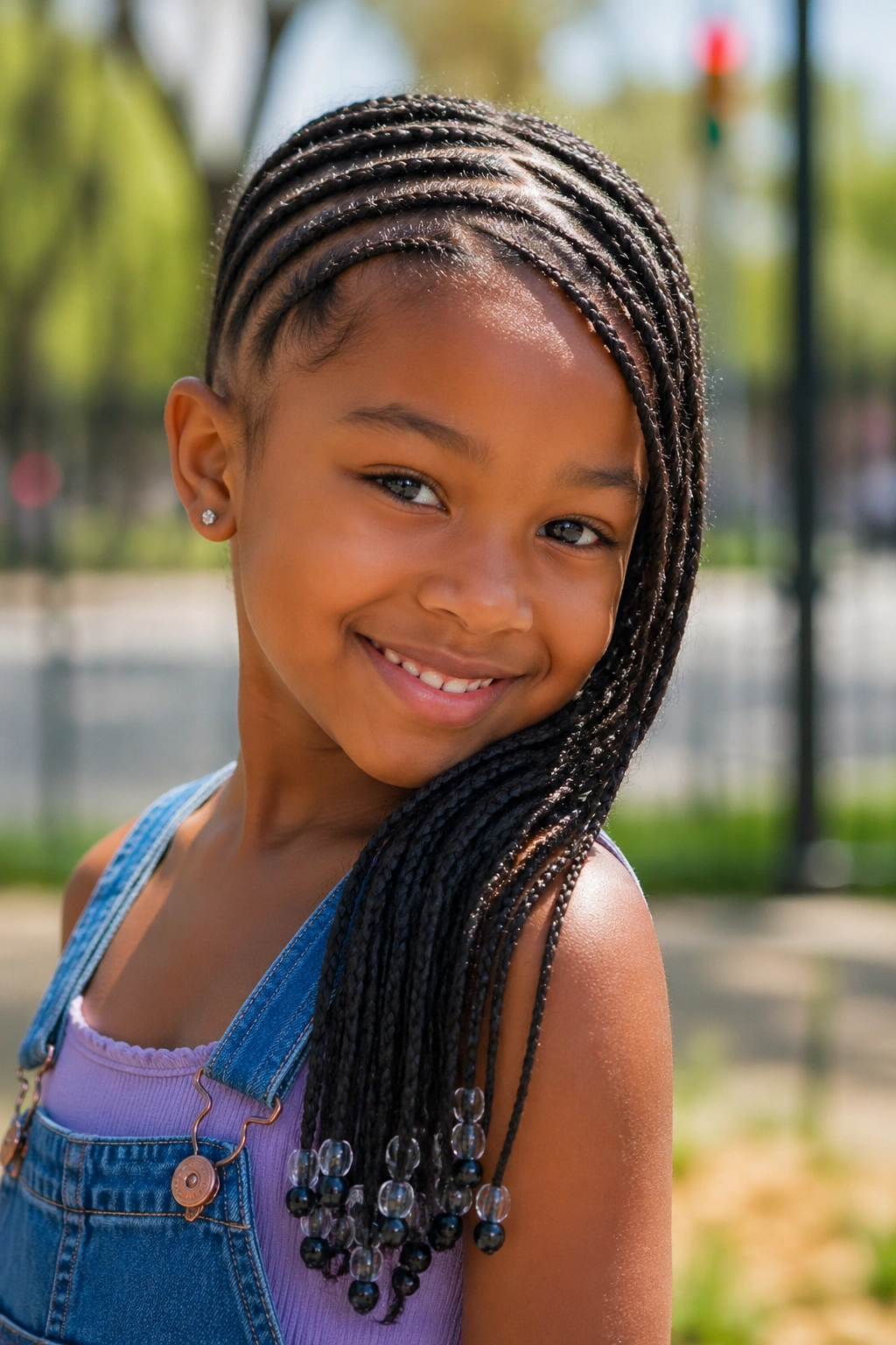 Child with side-swept cornrows and a side ponytail.