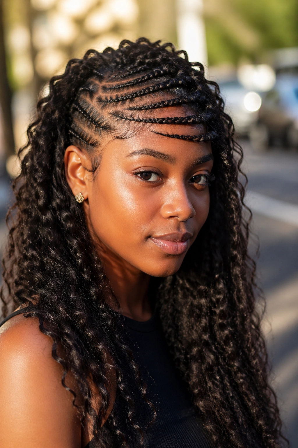 Portrait of a real person with diagonal front cornrows creating side-swept bangs and curly hair behind
