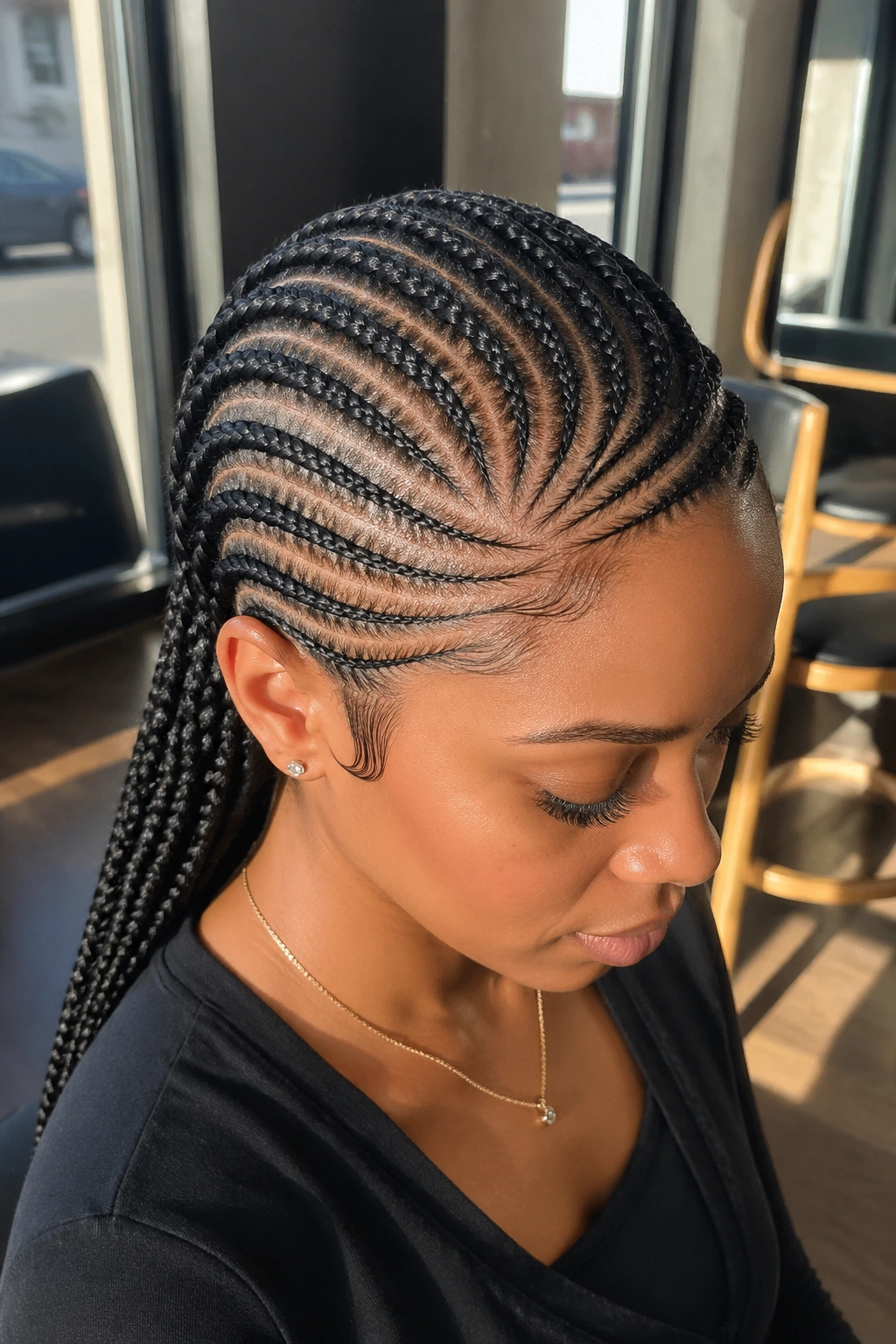 Close-up of a real person with side-swept twelve-row cornrows in a sunlit salon