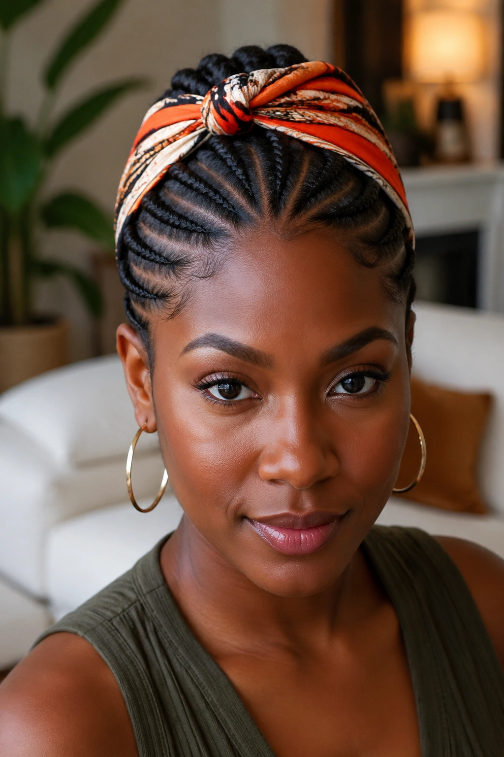 Close-up of cornrows with a silk hair wrap around the crown on a real person.