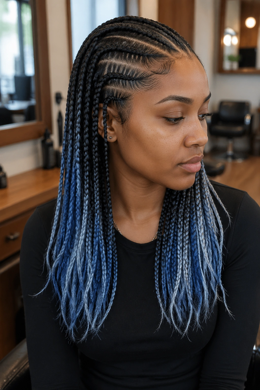 Close-up of a real woman with cornrows fading from dark roots to smoky blue tips in a salon