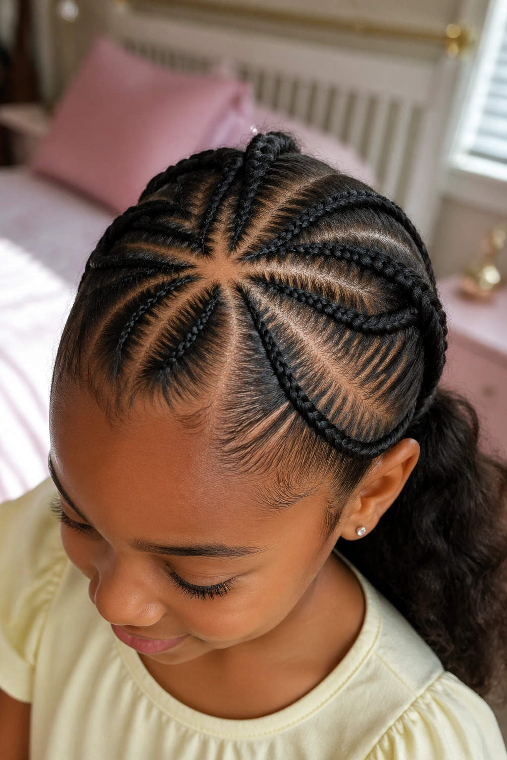 Child's crown featuring a star-shaped cornrow pattern.