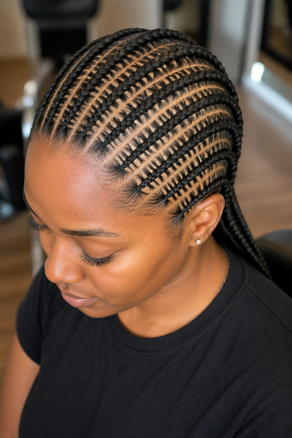 Close-up of a real person with stitch braids across twelve cornrows