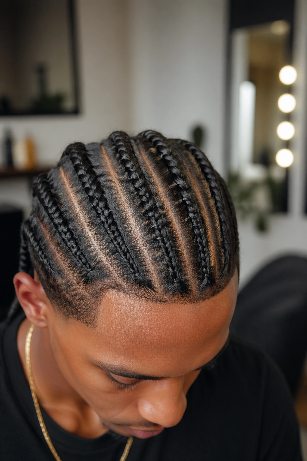 Five straight-back cornrows with stitch detail visible up close