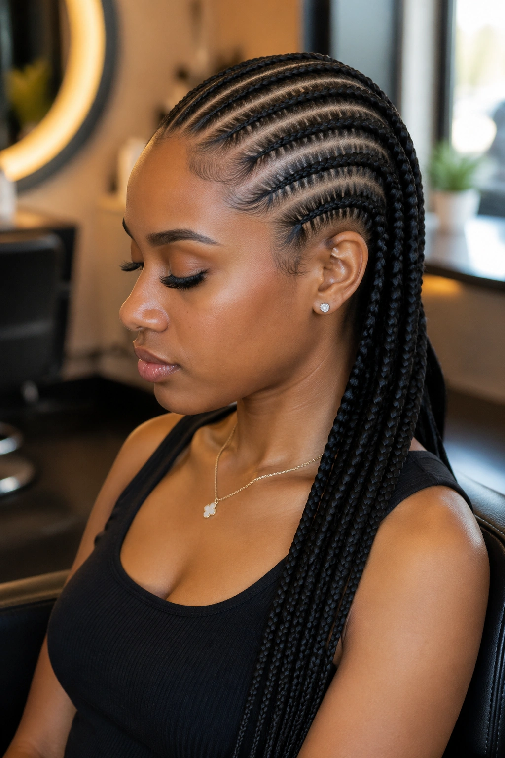 Portrait of a real woman with ten straight-back cornrows and long tails in a salon setting.