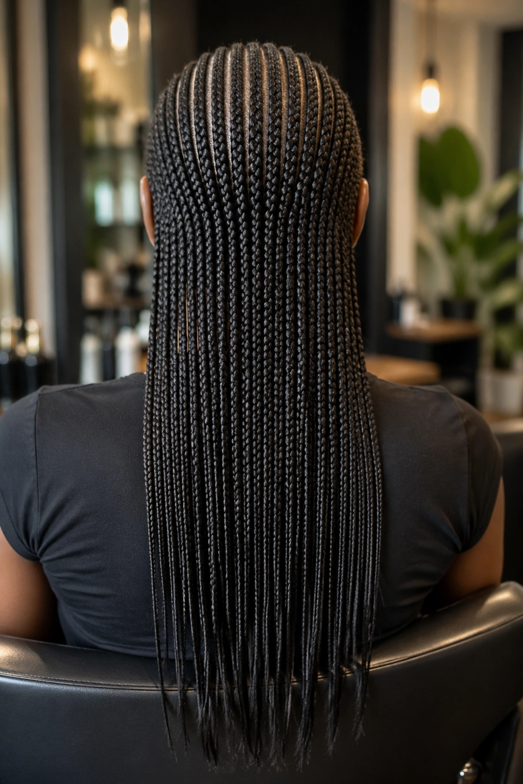 Back view of a real person with straight-back small feed-in cornrows reaching mid-back