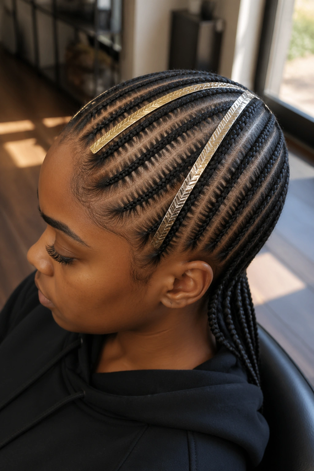 Close-up of real person with twelve cornrows and two bold stripes across crown and back in a salon