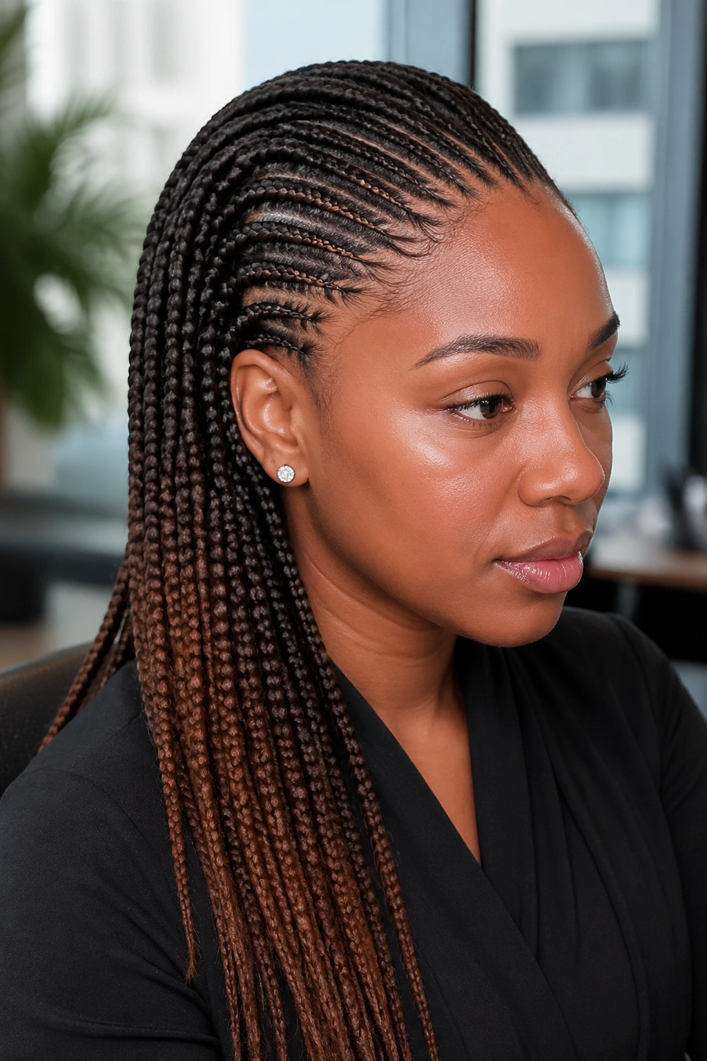 Close-up of subtle two-shade brown ombre cornrows on a real person in office lighting