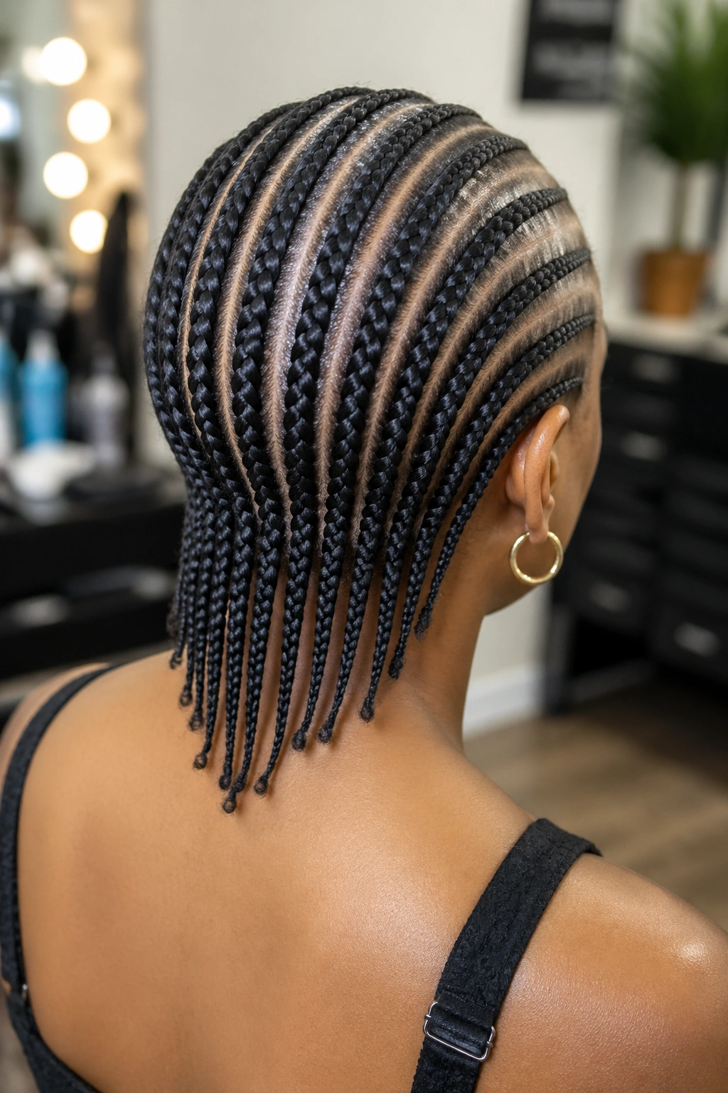 Back view of real person with tapered twelve cornrows forming a rounded nape silhouette