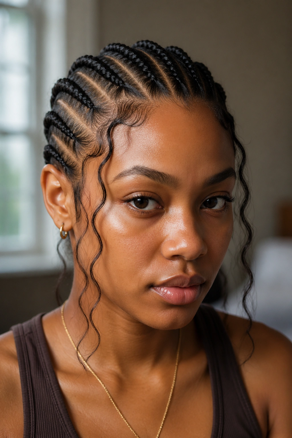 Close-up of cornrows with face-framing tendrils along the temples