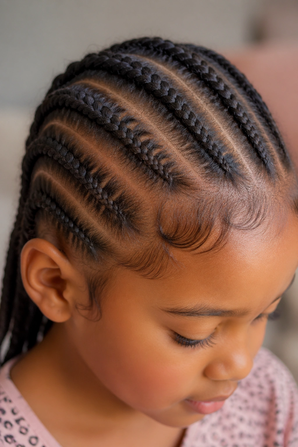 Close-up of a child's cornrows showing proper tension around the scalp.