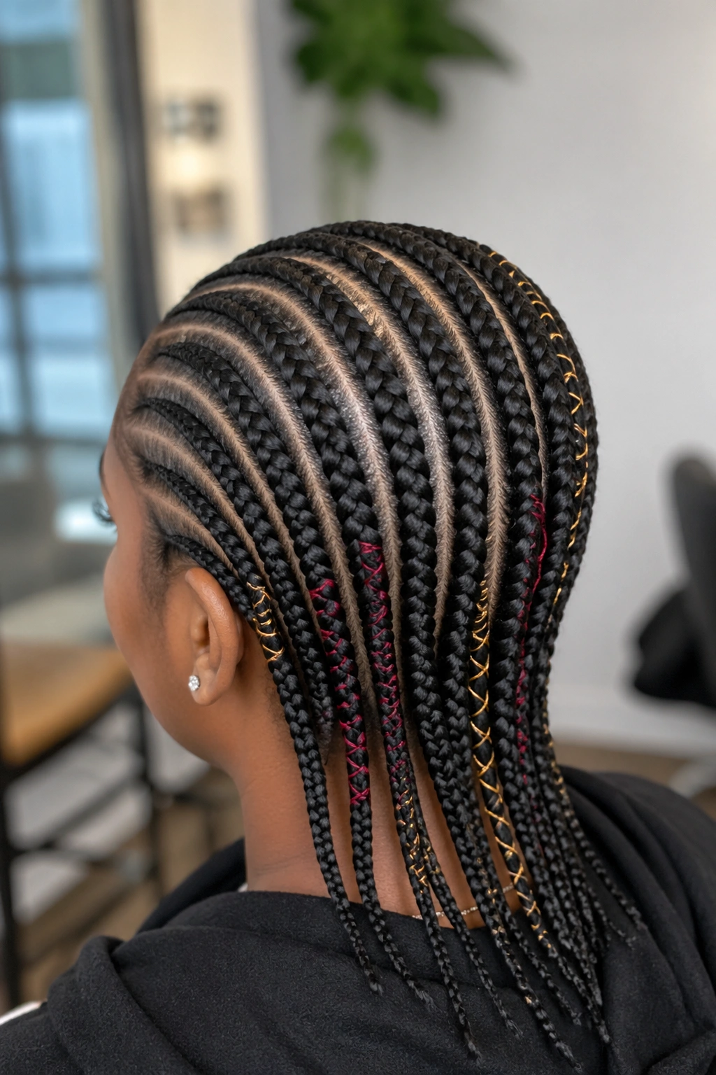 Rear side view of real person with cornrows including colored thread wrapping on several rows