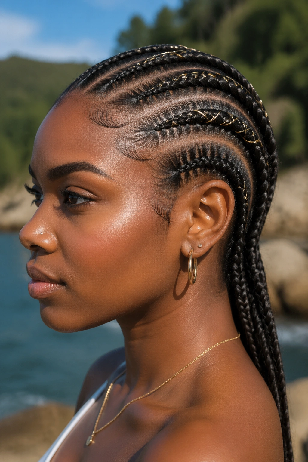Close-up of cornrows woven with subtle gold or silver threads.