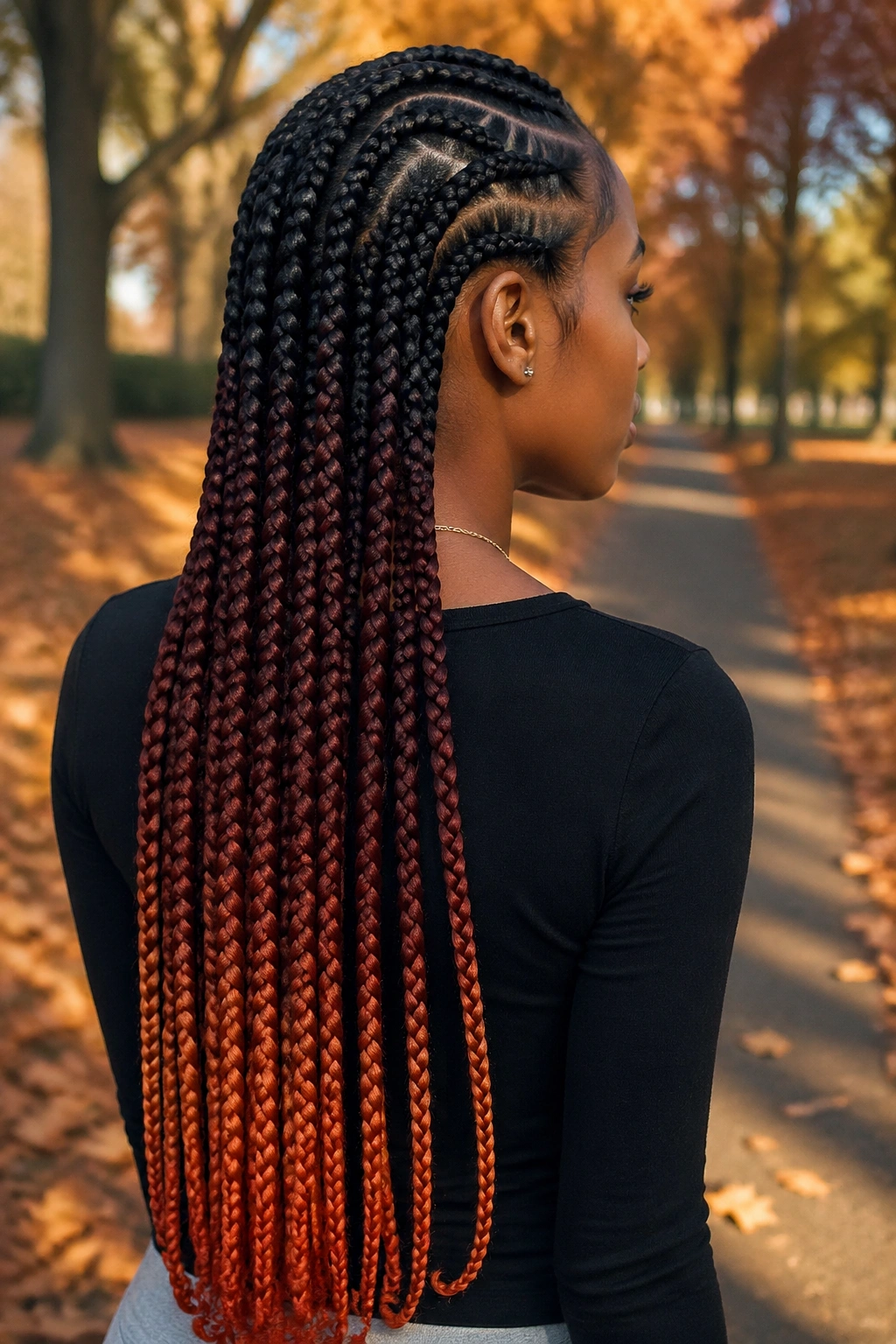 Close-up of three-stage ombre cornrows with black roots, auburn middle, and copper ends