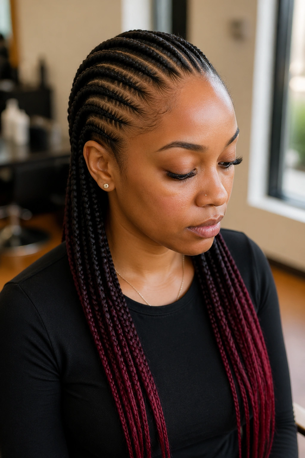 Close-up of straight back cornrows with burgundy-tinted ends on a real woman's head