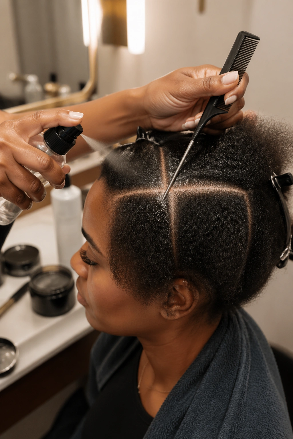 Head being prepped for cornrows with rat-tail comb and spray bottle in a bathroom setting