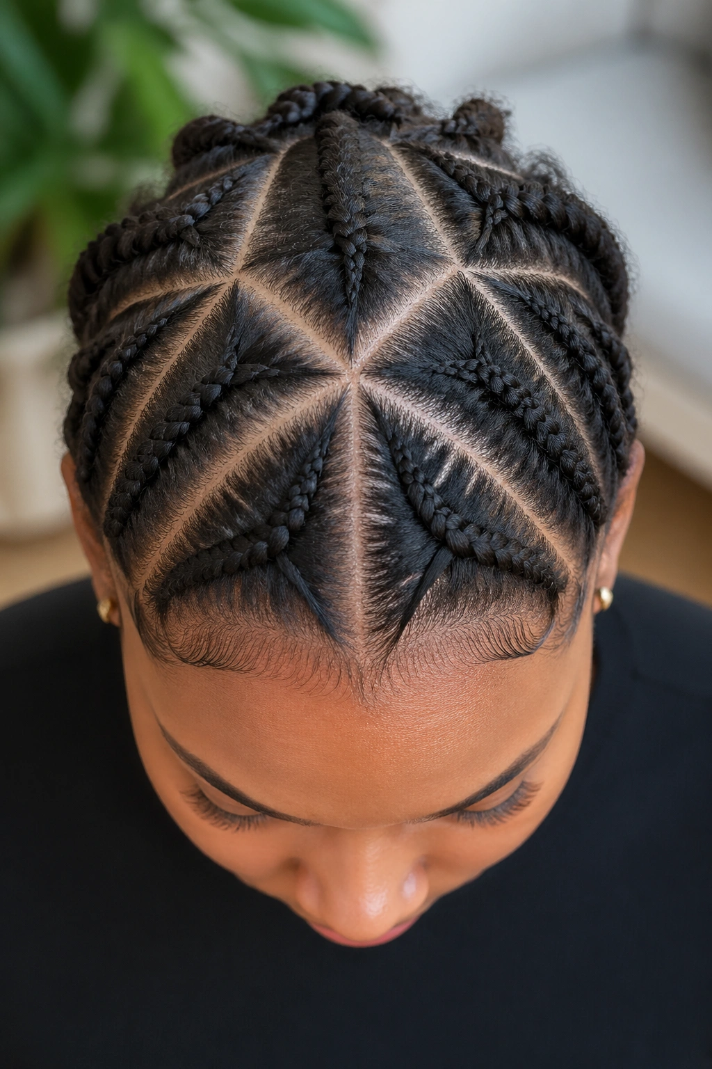 Close-up of triangle-part cornrows on a real person