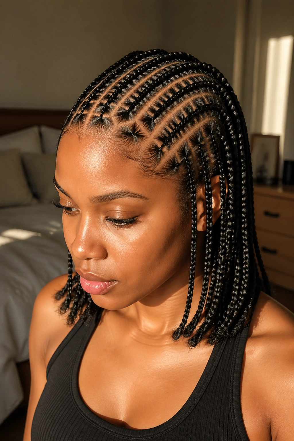 Close-up of cornrows with triangular front parts on a real woman