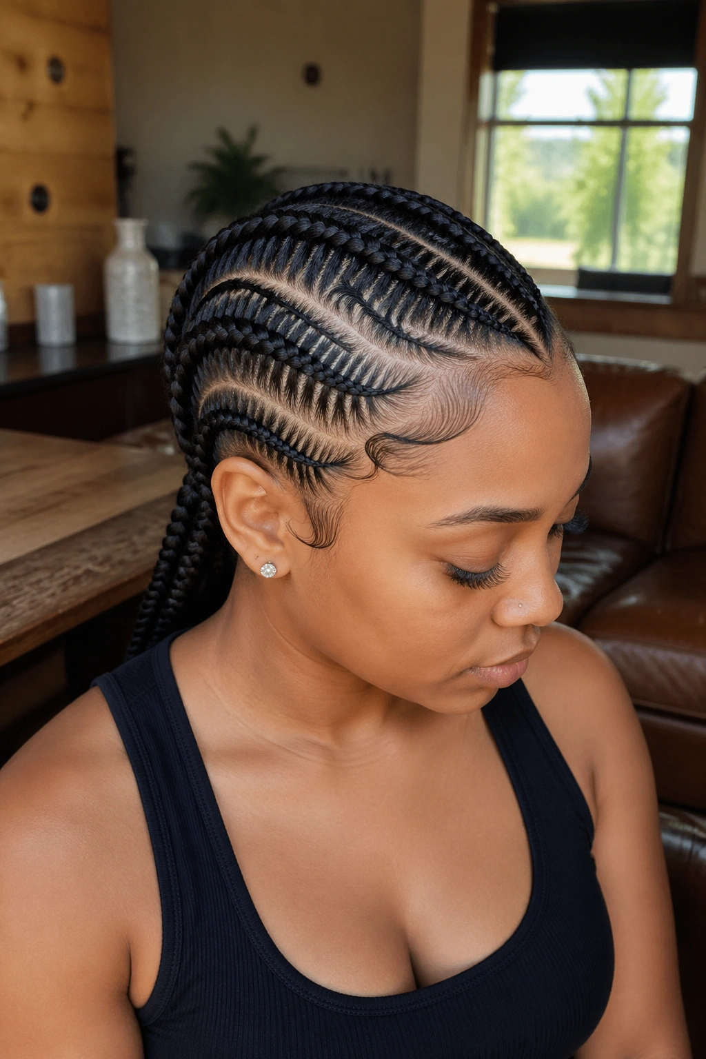Portrait of a real woman with ten cornrows featuring tribal curved parts