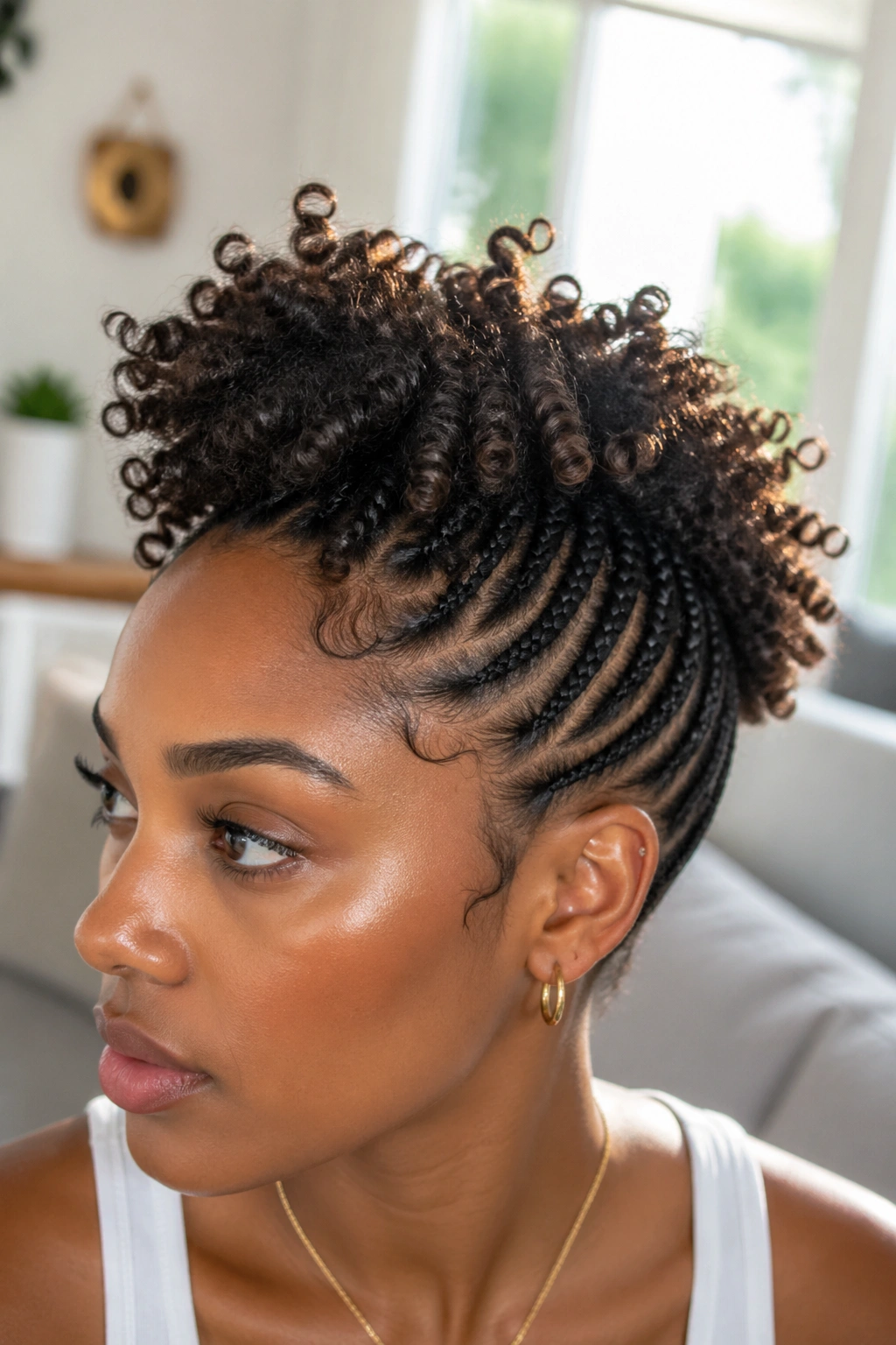 Close-up of cornrows with a twist-out crown on top of the head