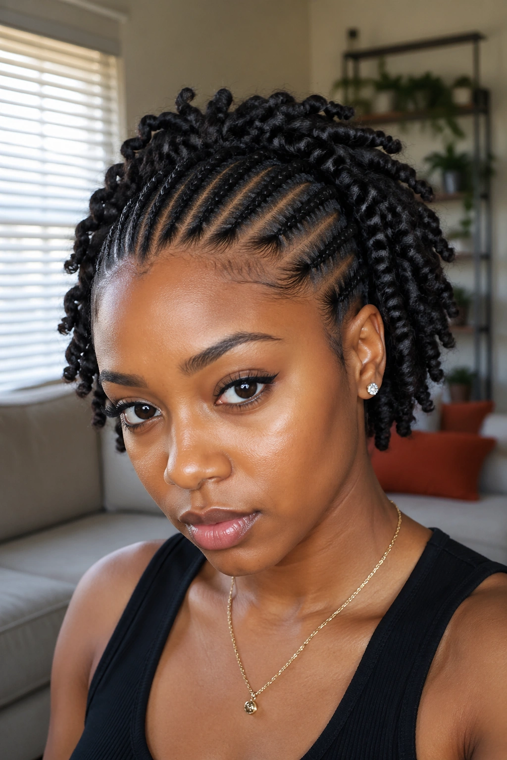 Close-up of a real woman with front cornrows and back twist-out