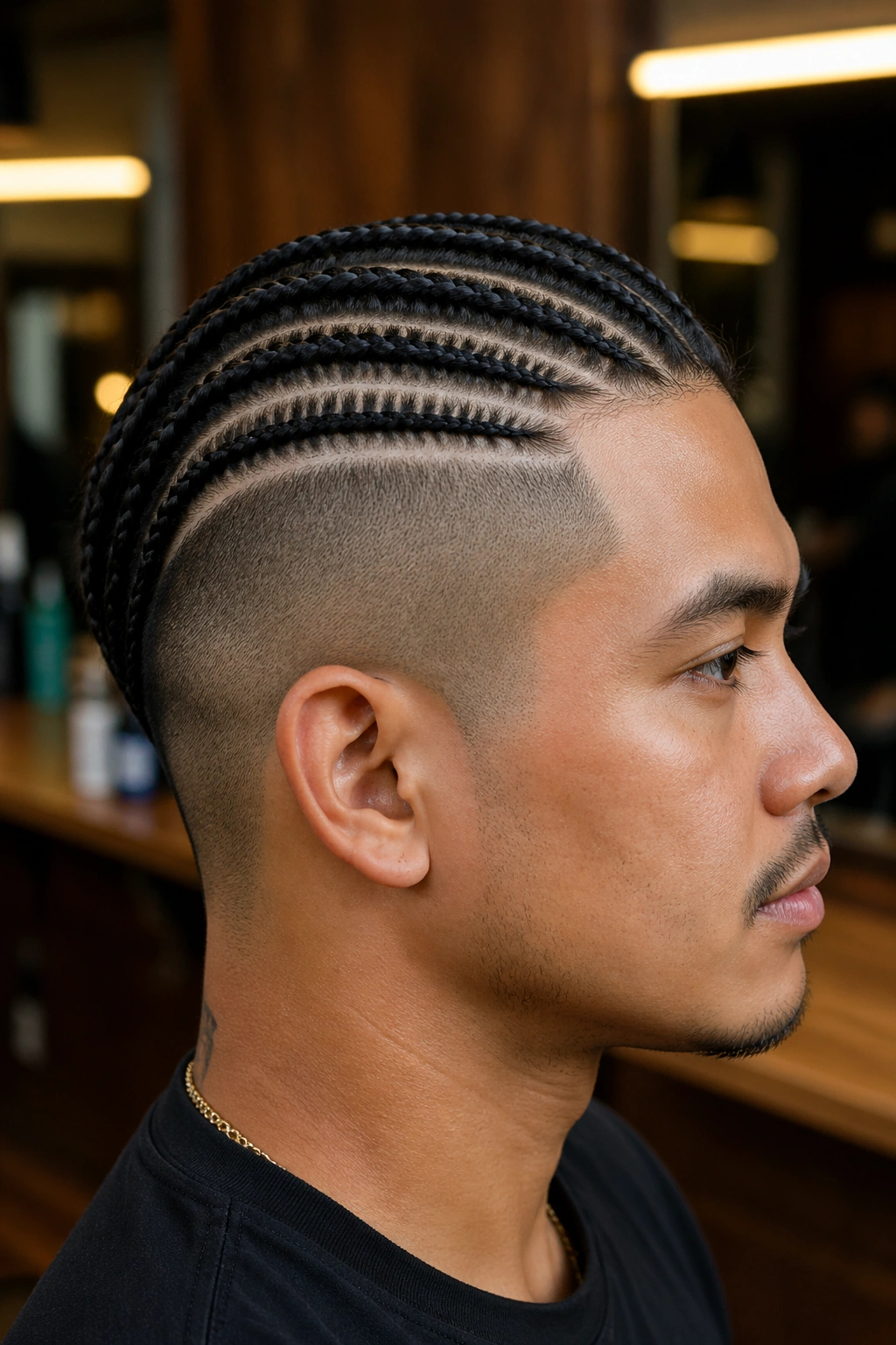 Side-profile of real person with undercut and twelve top braids