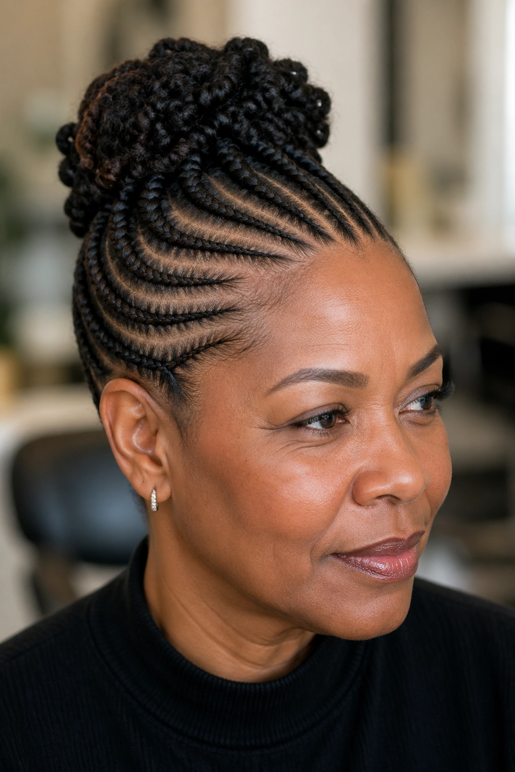 Close-up of cornrowed updo converging into gathered crown puff on a real woman