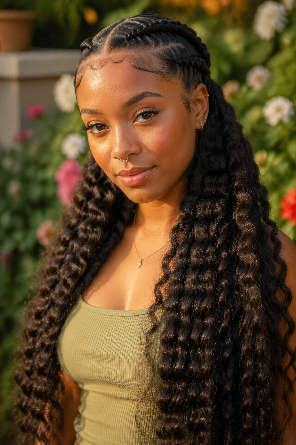Close-up portrait of a real woman with two cornrows transitioning to waist-length deep waves