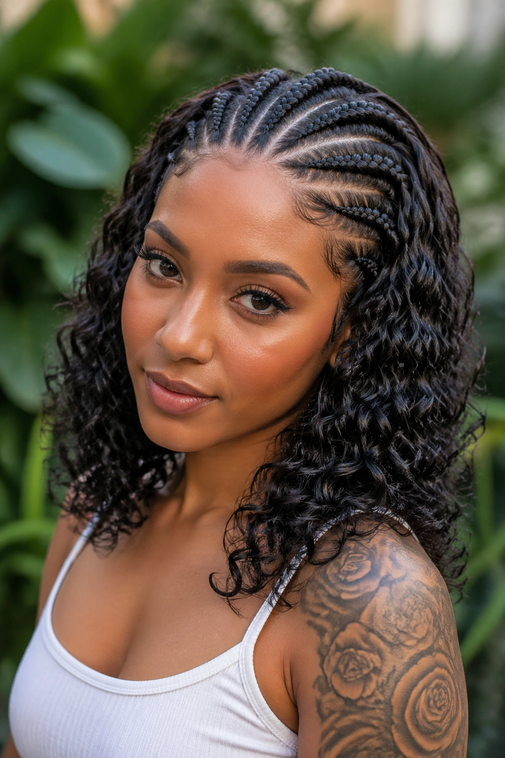 Close-up of cornrows transitioning into shoulder-length water wave curls in natural light