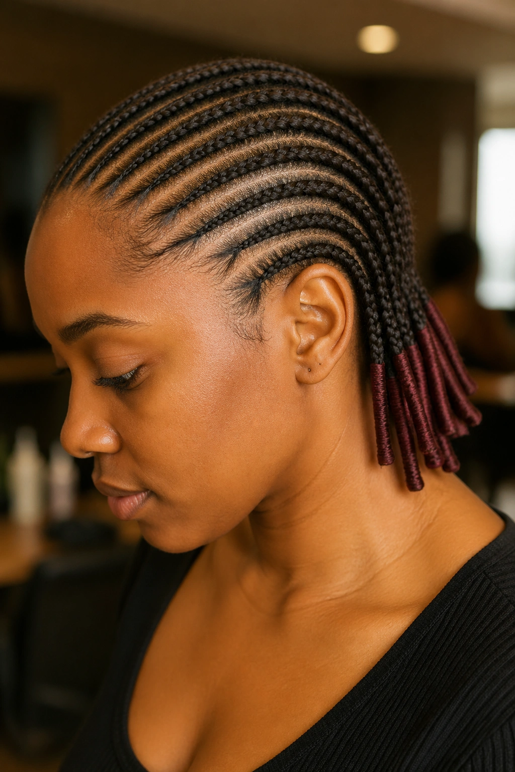 Close-up of a real Black woman's head with wrapped-ends cornrows.