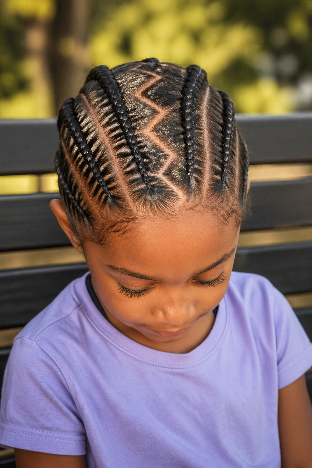 Child with zigzag-part six cornrows.
