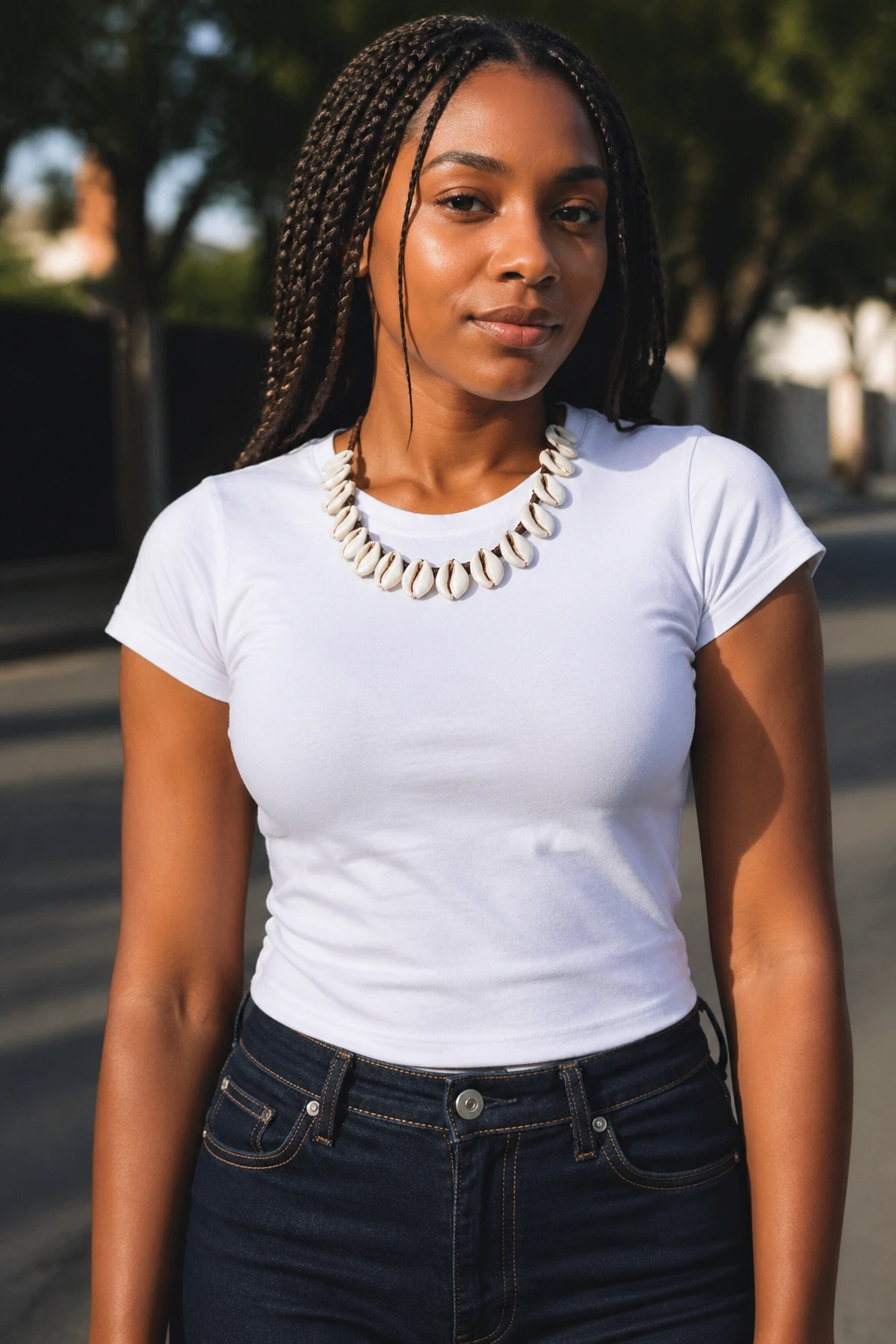 Portrait of a person wearing jeans and a cowrie shell necklace outdoors.