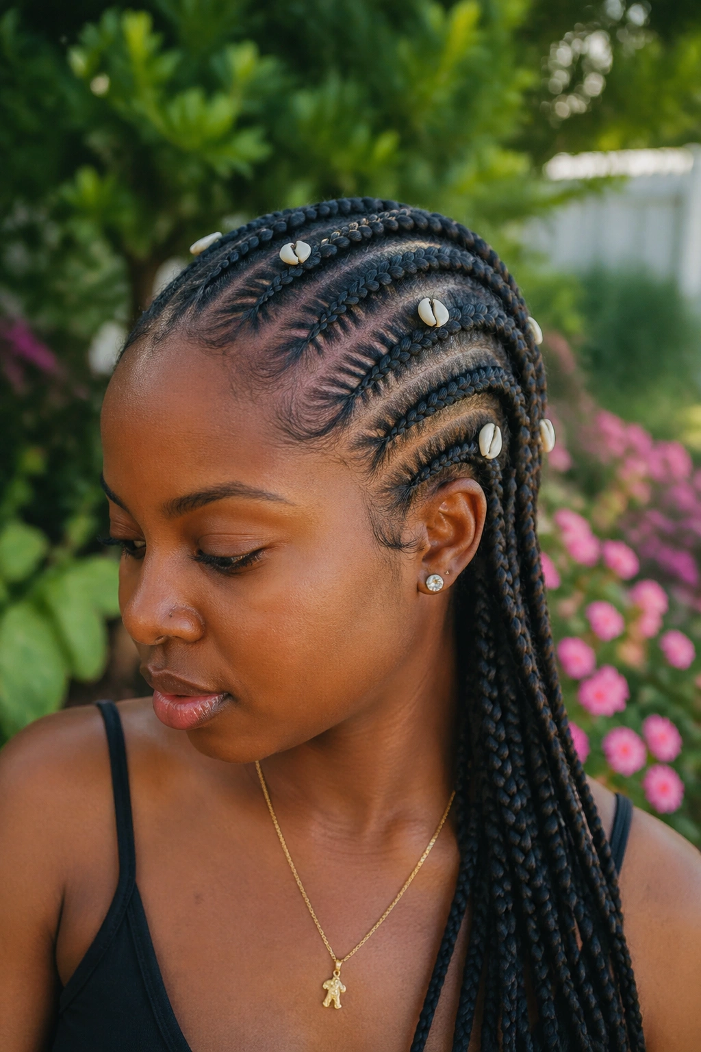 Real woman with cowrie-shell adorned feed-in cornrows outdoors