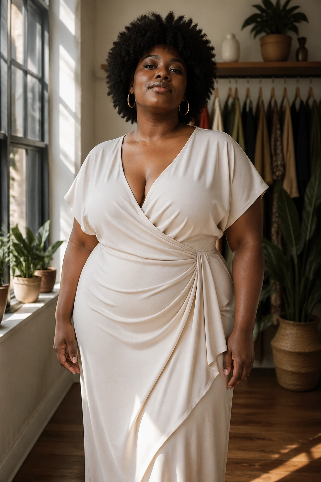 Woman in draped crepe dress showing fabric weight and drape
